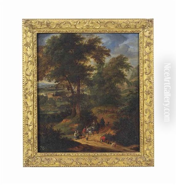 A Wooded Landscape With Travellers On A Track, A Town Beyond Oil Painting by Adriaen Frans Boudewyns the Elder