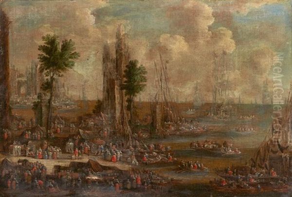 Paysage Maritime Anime De Personnages (2 Works) Oil Painting by Adriaen Frans Boudewyns the Elder