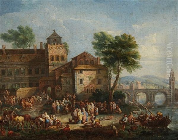 Market Scene In A River Town Oil Painting by Adriaen Frans Boudewyns the Elder