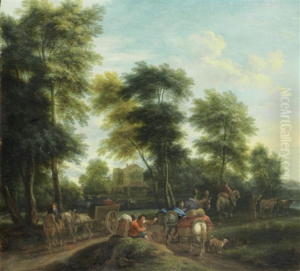 A Wooded Landscape With Travellers On A Path by Adriaen Frans Boudewyns the Elder