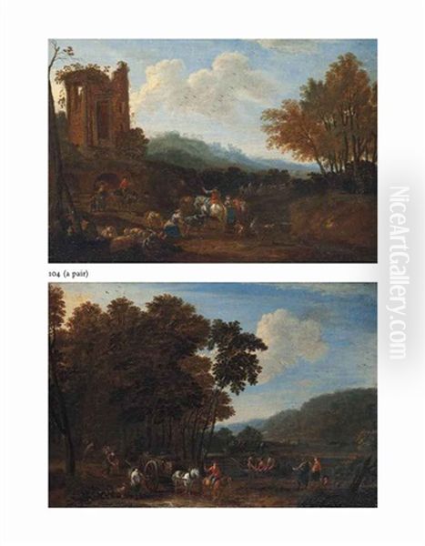 A Wooded Landscape With Shepherds Resting With Their Flock By A Ruined Temple And A Wooded River Landscape With A Horse-drawn Timber Cart (pair) Oil Painting by Adriaen Frans Boudewyns the Elder