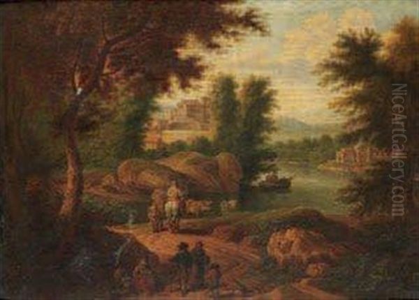 Promeneurs Et Paysans Sur Un Chemin Le Long D'une Riviere by Adriaen Frans Boudewyns the Elder