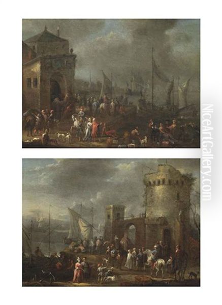 A Harbour Capriccio With Numerous Figures And A Coastal Landscape With Numerous Figures Near A Tower (a Pair) Oil Painting by Adriaen Frans Boudewyns the Elder