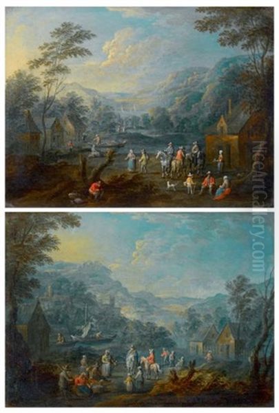 Cavaliers Et Paysans Dans Des Paysages De Riviere (pair) Oil Painting by Adriaen Frans Boudewyns the Elder