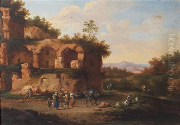 Paysans Sur Le Chemin En Bordure De Ruines Oil Painting by Adriaen Frans Boudewyns the Elder