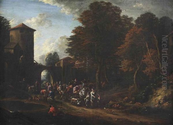 A Wooded Landscape With Merchants Near A Village Gate Oil Painting by Adriaen Frans Boudewyns the Elder