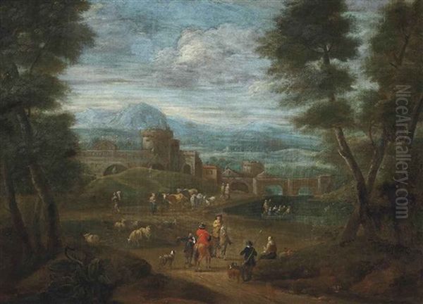 An Extensive River Landscape With Travellers Outside A Fortified Town Oil Painting by Adriaen Frans Boudewyns the Elder