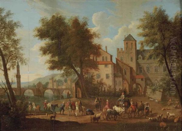 A Town View With A Ferry Unloading Travelers And Livestock by Adriaen Frans Boudewyns the Elder