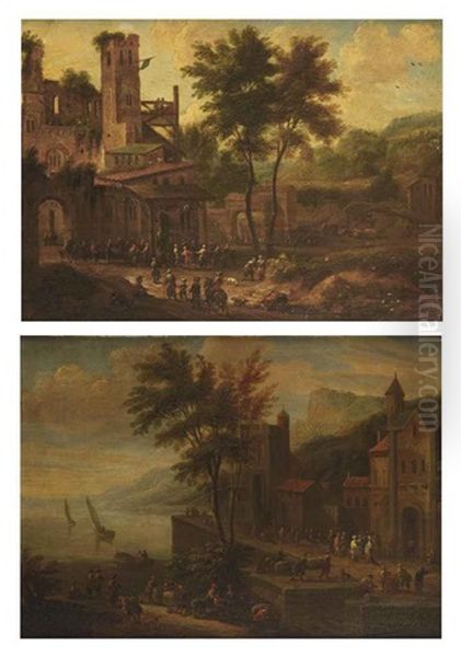 A Village Feast On The Outskirts Of A Town (+ A Coastal Landscape With Oriental Figures In A Harbor; Pair) Oil Painting by Adriaen Frans Boudewyns the Elder