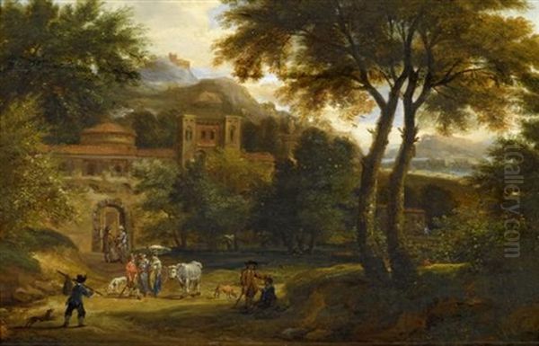 Sudliche Landschaft Mit Figuren Vor Einem Schloss Und Bergen Oil Painting by Adriaen Frans Boudewyns the Elder