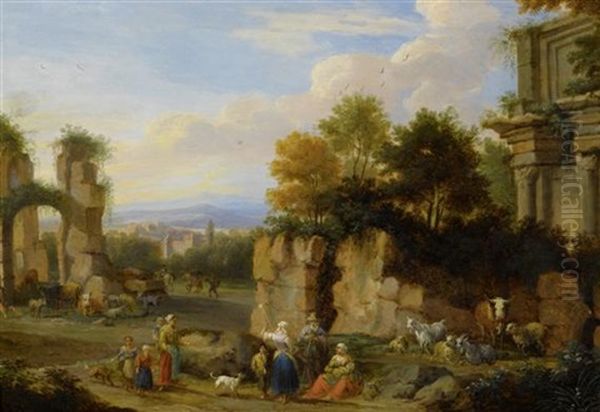 Sudliche Landschaft Mit Rastenden Vor Einem Antiken Tempel Und Einer Stadt Im Hintergrund Oil Painting by Adriaen Frans Boudewyns the Elder