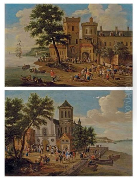 Scene De Marche Au Bord D'une Riviere A L'entree D'une Ville (+ Personnages Devant L'eglise Du Village Aux Abords Du Fleuve; Pair) Oil Painting by Adriaen Frans Boudewyns the Elder