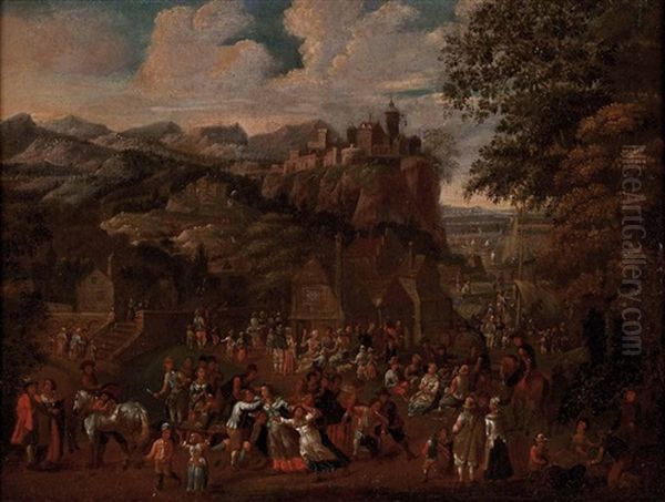 Gebirgige Landschaft Mit Einem Bergdorf Und Vielen Figuren Oil Painting by Adriaen Frans Boudewyns the Elder