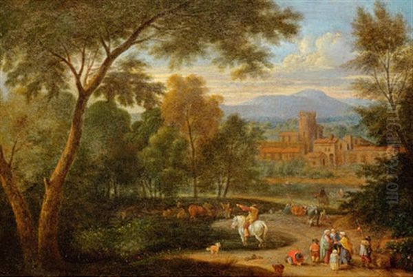 Italianisierende Landschaft Mit Reisenden Und Reiter Oil Painting by Adriaen Frans Boudewyns the Elder