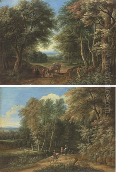 A Wooded Landscape With Travelers And A Cart And Horse (+ A Wooded Landscape With Travelers, A Castle Beyond; Pair) Oil Painting by Adriaen Frans Boudewyns the Elder