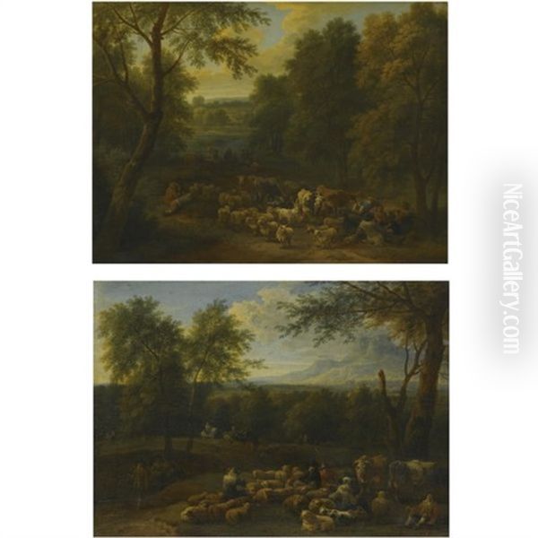 An Italianate Landscape With Peasants Seated By Their Herd In The Foreground (+ An Italianate Landscape With Travellers On A Path And A Herd Resting In The Foreground; Pair) Oil Painting by Adriaen Frans Boudewyns the Elder