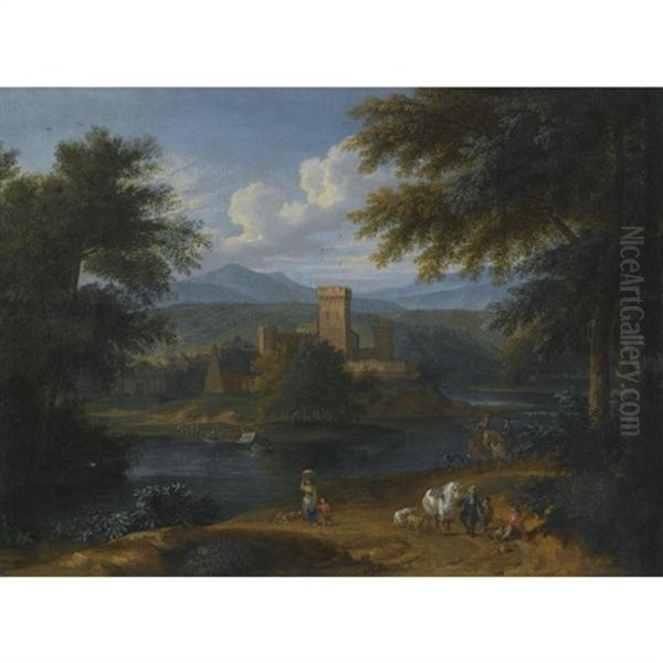 A Wooded River Landscape With Travellers On A Path, A Village Beyond Oil Painting by Adriaen Frans Boudewyns the Elder