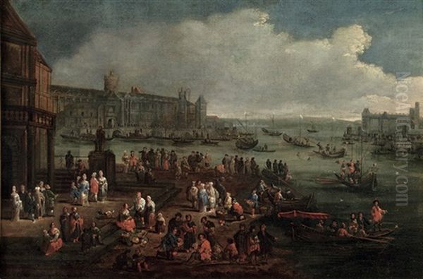 An Italianate Harbour With Numerous Figures Oil Painting by Adriaen Frans Boudewyns the Elder