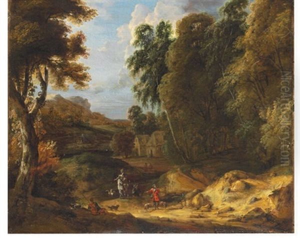 A Hunting Party In A Wooded Landscape Oil Painting by Adriaen Frans Boudewyns the Elder