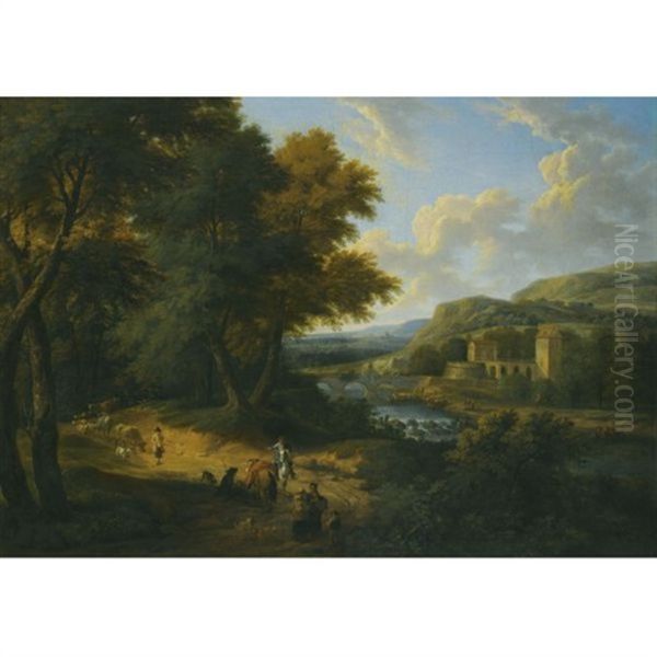 A River Landscape With Peasants In The Foreground, A Herdsman Driving His Livestock Down A Woodland Path With An Italianate Castle In The Distance Oil Painting by Adriaen Frans Boudewyns the Elder