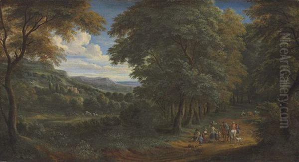 A Wooded Landscape With Horsemen Greeting Travelers On A Path Oil Painting by Adriaen Frans Boudewyns the Elder