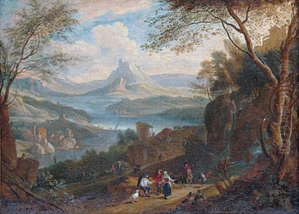 Paysage Traverse Par Un Fleuve Avec Des Villageois En Chemin Oil Painting by Adriaen Frans Boudewyns the Elder