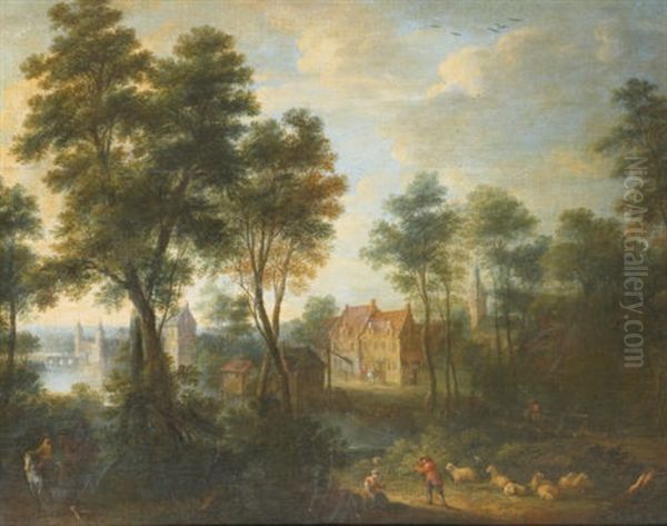 A Wooded River Landscape With Elegantly Dressed Figures On Horseback Oil Painting by Adriaen Frans Boudewyns the Elder