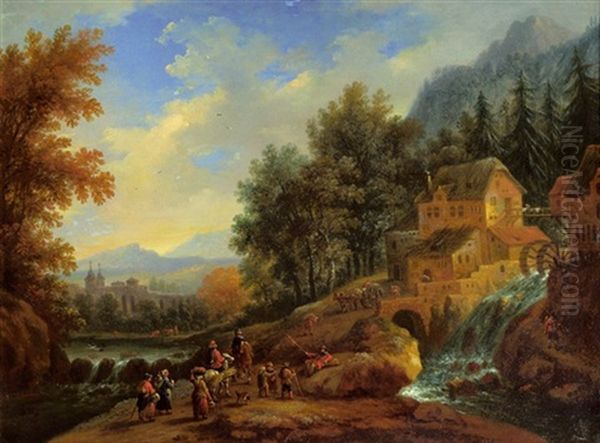 Gebirgslandschaft Mit Wasserfall, Einer Muhle Und Vielen Figuren Oil Painting by Adriaen Frans Boudewyns the Elder