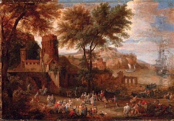 Figures Outside A Town Wall With A Bay Beyond (collab. W/pieter Bout) Oil Painting by Adriaen Frans Boudewyns the Elder