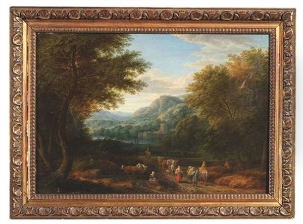 Bewaldete Fluslandschaft Mit Zu Markt Ziehenden Bauern Und Hirten (collab. W/ Pieter Bout) Oil Painting by Adriaen Frans Boudewyns the Elder