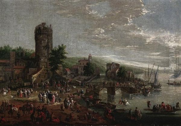 Geschaftiges Treiben Im Hafen Einer Kustenstadt Mit Wehrturm (collab. W/pieter Bout) Oil Painting by Adriaen Frans Boudewyns the Elder