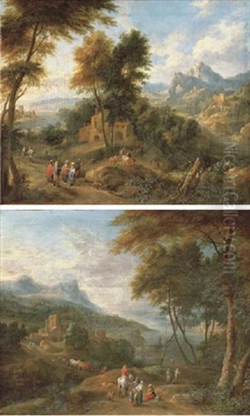 A Mountainous Wooded Landscape With Peasants Conversing On A Path (+ A River Landscape With Travellers And Peasants On A Path; Pair In Collab. W/pieter Bout) by Adriaen Frans Boudewyns the Elder