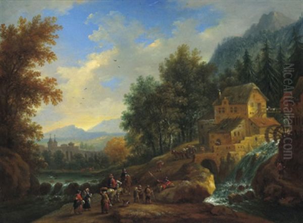 Bewaldete Gebirgslandschaft Mit Einem Wasserfall, Einer Muhle Und Vielen Figuren by Adriaen Frans Boudewyns the Elder