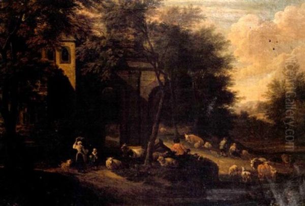 Shepherds And Shepherdesses Resting And Watering Their Livestock Beside A Ruined Manor House In A Wooded Landscape (in Collab. With Pieter Bout) Oil Painting by Adriaen Frans Boudewyns the Elder