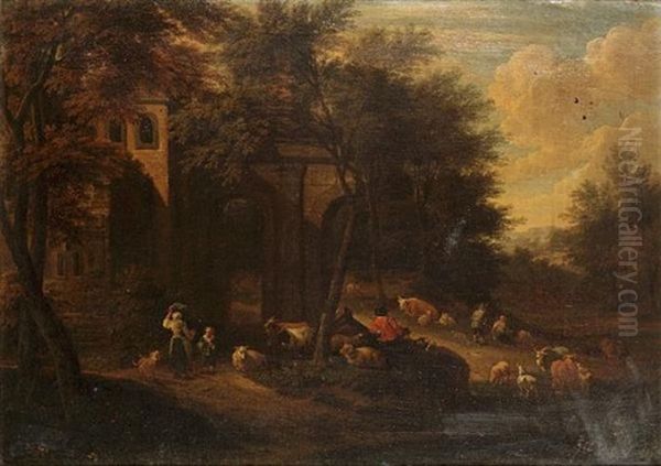 Shepherds And Shepherdesses Resting And Watering Their Livestock Beside A Ruined Manor House In A Wooded Landscape Oil Painting by Adriaen Frans Boudewyns the Elder