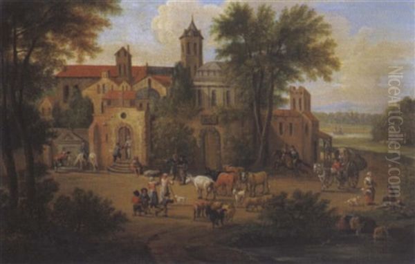 Bauern Und Eine Viehherde Vor Einem Kloster Oil Painting by Adriaen Frans Boudewyns the Elder