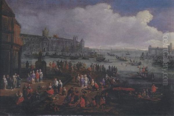 An Italianate Harbour With Elegant Figures Oil Painting by Adriaen Frans Boudewyns the Elder