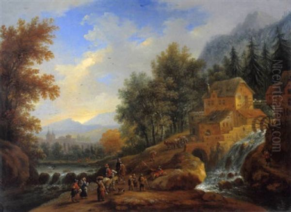 Bewaldete Gebirgslandschaft Mit Einem Wasserfall, Einer Muhle Und Vielen Figuren Oil Painting by Adriaen Frans Boudewyns the Elder