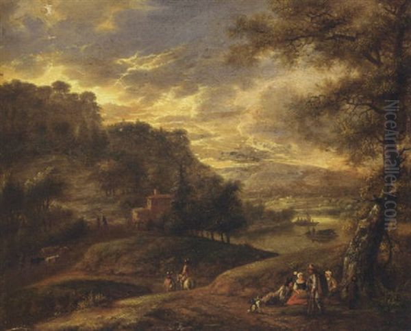 An Extensive Wooded River Landscape With Travellers Resting On A Path by Adriaen Frans Boudewyns the Elder