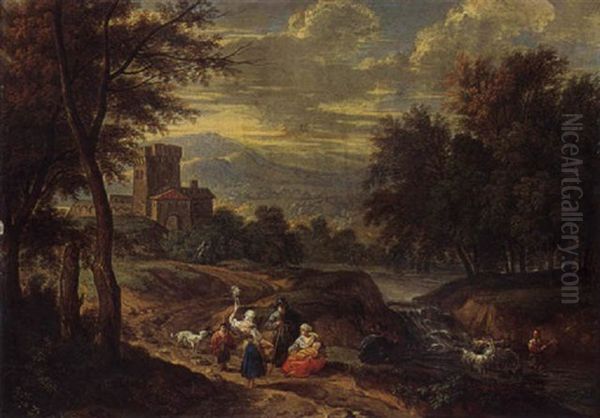 A Mountain Landscape With Travellers On A Path And A Shepherd Crossing A Ford Oil Painting by Adriaen Frans Boudewyns the Elder