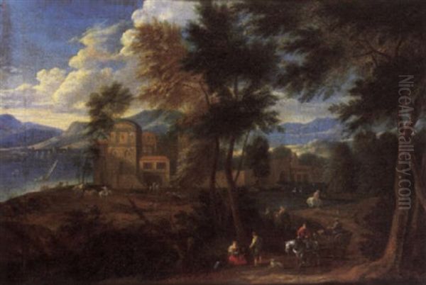 An Extensive Wooded River Landscape With Travellers And A Cart On A Track, A Village Beyond Oil Painting by Adriaen Frans Boudewyns the Elder