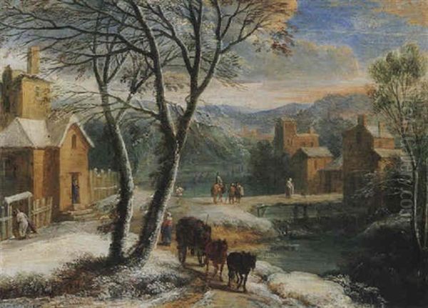 A Winter Landscape With Travellers And Waggoners Beside A River Oil Painting by Adriaen Frans Boudewyns the Elder