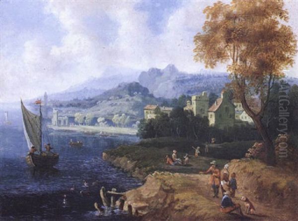 Sudliche Kustenlandschaft Mit Figuren Und Segelbooten by Adriaen Frans Boudewyns the Elder