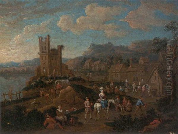 A River Landscape With Travellers Passing Through A Village Oil Painting by Adriaen Frans Boudewyns the Elder