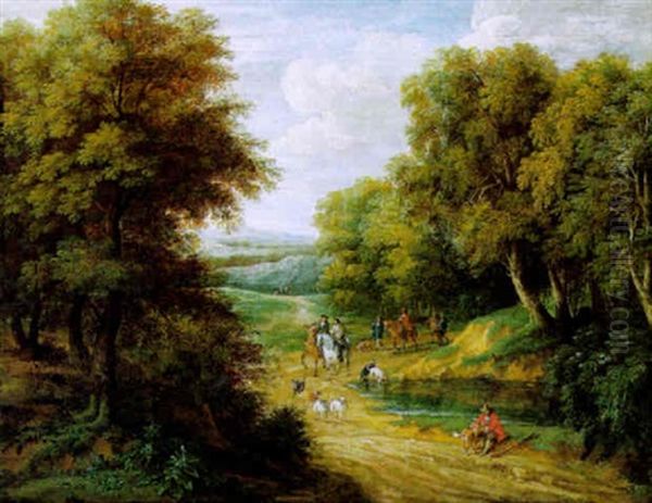 Waldlandschaft Mit Reitern Und Einem Rastenden Hirten An Einem Teich Oil Painting by Adriaen Frans Boudewyns the Elder