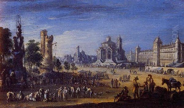 Vue De Fantaisie De Paris Animee De Nombreux Personnages Avec Le Louvre En Fond Oil Painting by Adriaen Frans Boudewyns the Elder