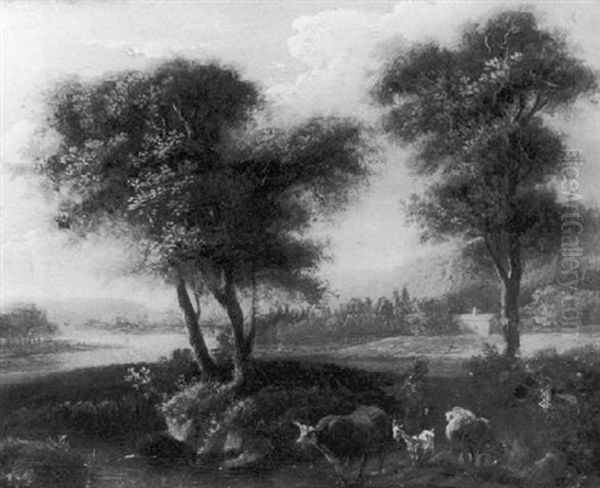 A Wooded Landscape With A Cowherd And His Livestock On A Path, A Cottage And River Beyond Oil Painting by Adriaen Frans Boudewyns the Elder