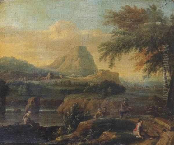 A Peasant Woman Returning From Market, In An Italianate River Landscape Oil Painting by Adriaen Frans Boudewyns the Elder