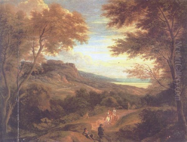 An Evening Landscape With Travellers On A Path, Mountains And A River Beyond Oil Painting by Adriaen Frans Boudewyns the Elder