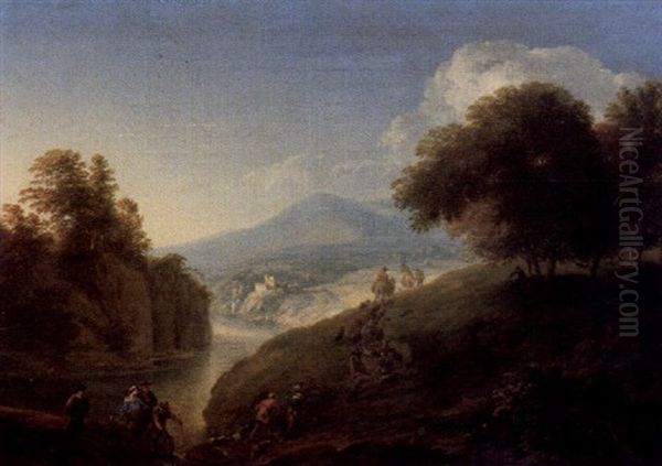 Flusslandschaft Mit Ziehenden Bauern Und Hirten by Adriaen Frans Boudewyns the Elder